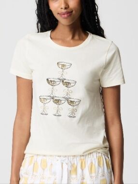 J. Crew Cream Tee with Gold Champagne Glass Tower Glitter Cups
